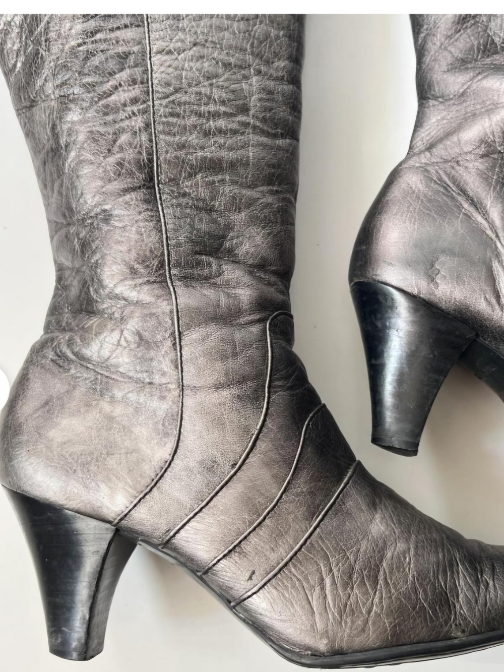 Women's BORN METALLIC PEWTER Grey Mid-Heel Leather Boots Sz 9